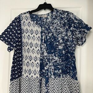 LOGO by Lori Goldstein Navy and White Abstract Blouse